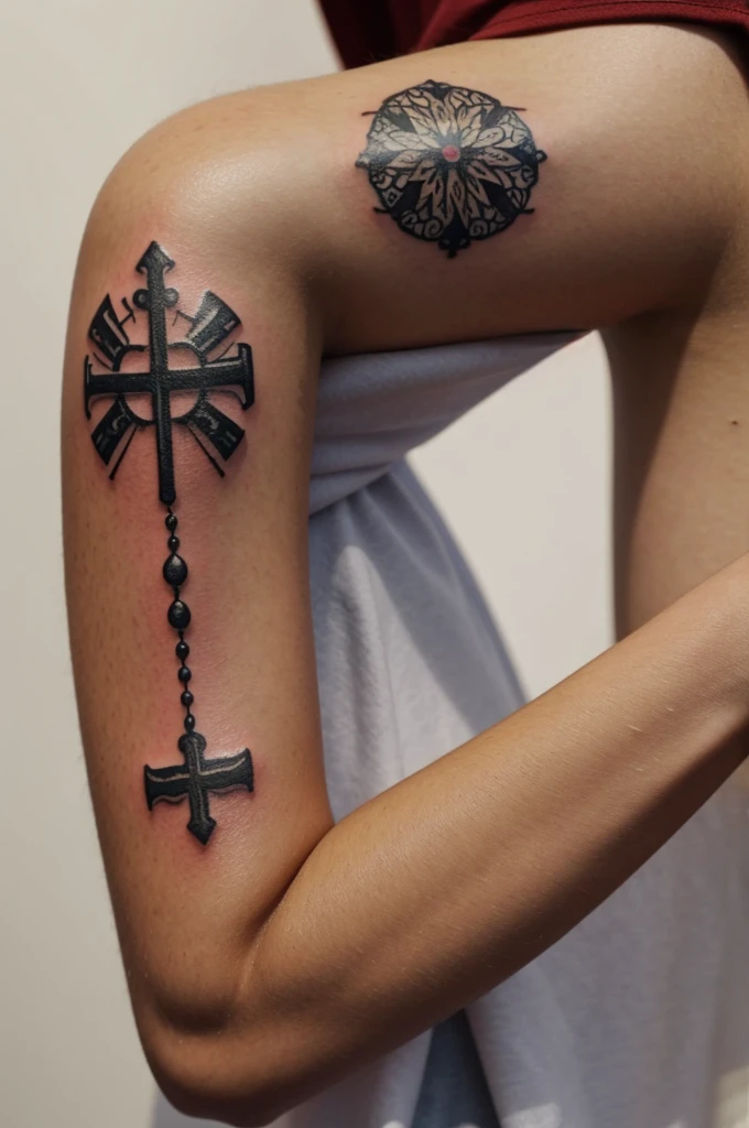 Tattoo of a rosary on the forearm that surrounds it 
