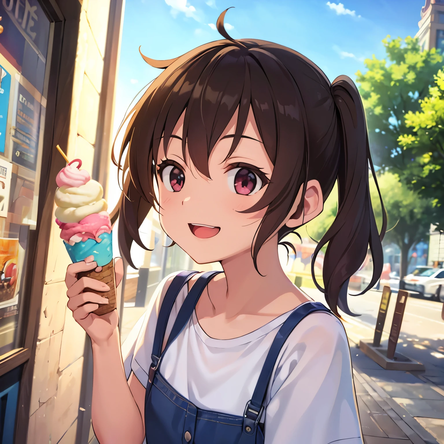 (best quality,8k,highres, masterpiece:1.2), ultra-detailed, HDR, UHD, studio lighting, ultra-fine painting, sharp focus, physically-based rendering, extreme detail description, professional, vivid colors, bokeh, portraits, concept artists, warm color palette, dramatic lighting,1 girl,happy smile,close eyes,pigtails,(from above),have a  big ice cream,shopping mall,clear sky,summer,summer vacation,dutch angle,