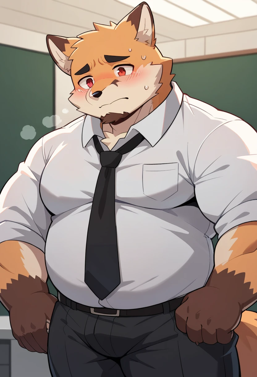 New Jersey 5 Furry,(fox),Solitary,Wildlife,Chubby, Abdominal muscles,Thick Arms,Strong muscles,Chubby脸,Black eyebrows,Red Eyes,beard,Mature,blush,Shy,(Office),(Black suit,tie,Black pants),head,(Sweat),From Zixiong, Takemoto Arashi