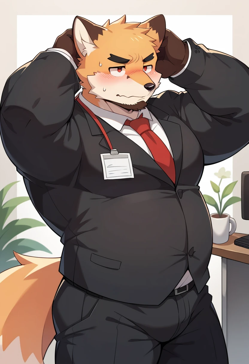 New Jersey 5 Furry,(fox),Solitary,Wildlife,Chubby, Abdominal muscles,Thick Arms,Strong muscles,Chubby脸,Black eyebrows,Red Eyes,beard,Mature,blush,Shy,(Office),(Black suit,tie,Black pants),head,(Sweat),From Zixiong, Takemoto Arashi