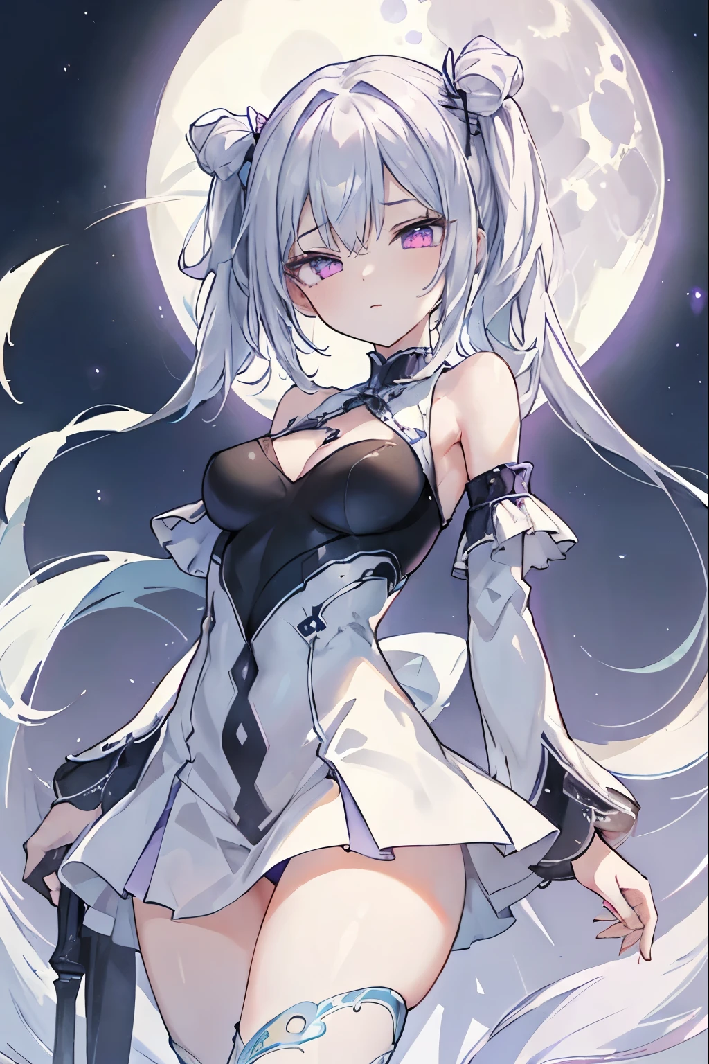 1girl, アニメ, cute girl, blank background, white background, fantasy, detailed fantasy dress with highlights, beautiful face, beautiful eyes, dark colors, black hair with multicolor streaks, red eye with different color pupil in eye, multicolor eye, medium breasts, slight cleavage, beautiful skin, cute, breast curtains, extremely delicate and beautiful, (beautiful detailed face:1.0), (detailed deep eyes), symmetrical breasts, deep eyes, shiny skin, portrait, slender waist, hips wider than shoulders, thighs, expressionless, young girl, luminous eyes, adorable,(Kpop idol),(aegyo sal:1),(Platinum blonde hair:1),((puffy eye)),Black panty,sexy posture,Superskirt, Ultra-high resolution,Black collar,slim figure, Abdominal y tattoo, womb tattoo,Tight-fitting leg ring,y tattoo on half-body,Bare skin, Armored hand,Hidden fingertips,Hand covered,Arm covered,Fist covered,{{beautiful detailed fingers}}, tufts of hair, moderate beautiful breast:1.0,(masterpiece:1.2), best quality, high-res, HDR, perfect face, intricate armor, delicate blue filigree, intricate filigree, red metalic parts, detailed part, dynamic pose, dynamic lights, cute face, neutral expression, shuimobysim, lotus, Hanfu, maxi skirt, dress conservatively 1girl, 独奏, long blue hair, standing, One lady,14years,((White hair) ,(Shiny purple bodysuit with microskirt),((Fantasy, Moon Night)), gradient_eyes,
