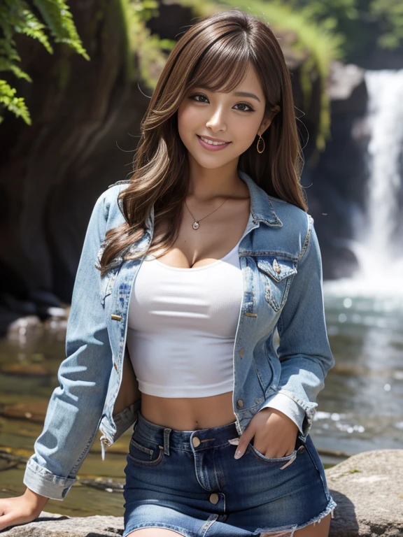 Highest quality, masterpiece, Ultra-high resolution, (Realistic:1.4), Beautiful woman, Clear grey V-neck shirt, G-string, Cleavage, ((Denim jacket)), Center of chest, Tight waist, Shiny skin, 魅惑的なsmile, Bokeh, smile, pubic hair, thick pubic hair, long pubic hair, Denim mini skirt, Brown Hair、Gorge background with waterfall、