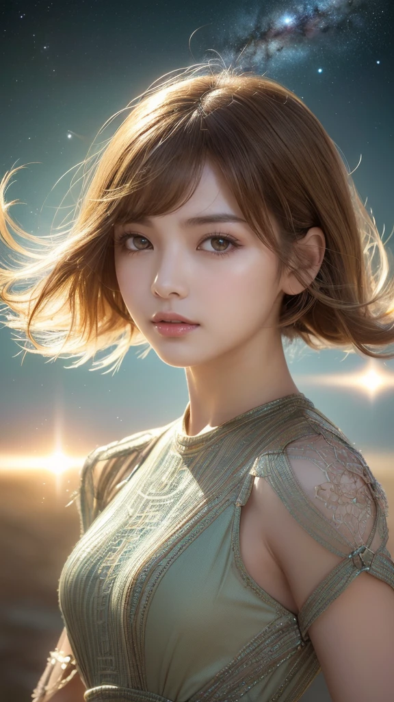 (In 8K, Highest quality, Tabletop, Ultra-high resolution, High quality face:1.5), (Lots of details), (Android in the form of a girl:1.3),(Realistic:1.4) (View diagonally:1.6), (Very white skin, Clear skin, Glowing Skin:1.4), Pin Spot Light, (The eyes are connected to the universe through high-performance lens eyes. Long eyelashes:1.5), Shiny, wig hair, Duck mouth, Gloss Lip, de luz, cute, fresh, ((Wear an earth-colored dress)), (Japanese), Caustic effect background, fractal, Digital Art, Lighting by world-class AI creators, dream-like, Different space, Swaying, Light and deep texture