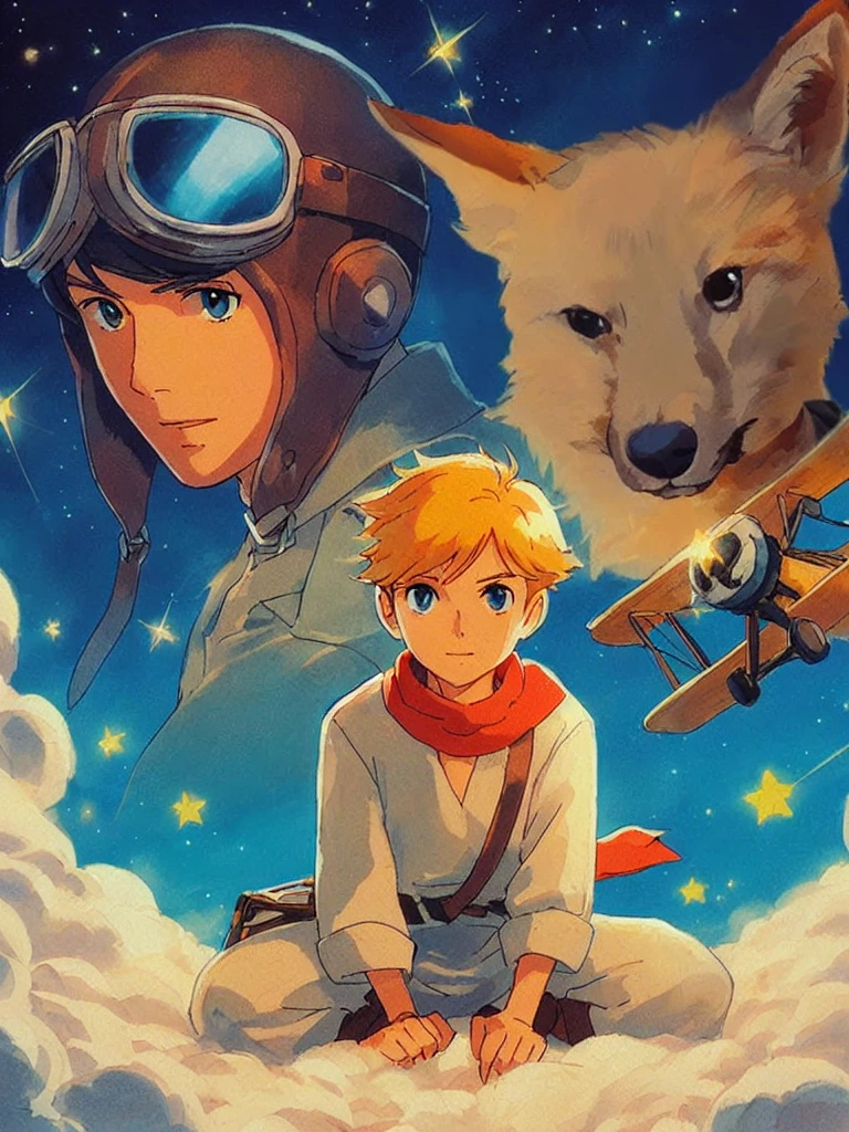 a cartoon of a boy and a dog sitting on a cloud, the little Prince, animated film, fox girl, key art, miyazaki's animated film, Digitally remastered, rob rey and kentaro miura style, animated film, Art Lofi, Artgerm and Atey Ghailan, live action adaptation, moebius ghibli, ghibli animated film al estilo de Hayao Miyazaki y studio Ghibli
