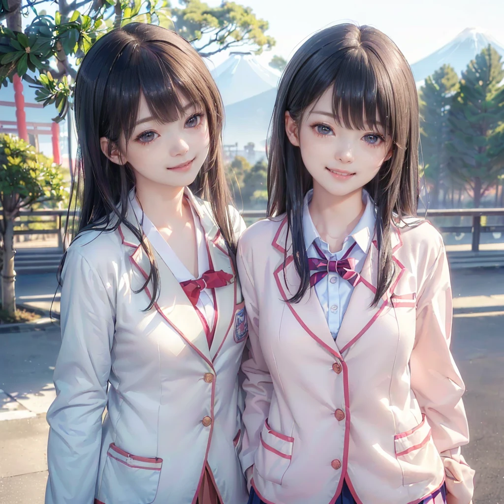 ((8K, RAW Photos, Highest quality, masterpiece), High-resolution RAW color photos、
Professional close-up photography, (Realistic, Photorealism: 1.37),
(Highest quality), (Best Shadow), (Best illustrations),(Facing forward:1.3)
best quality, masterpiece,
New Year,
Three Japanese high-school cute girls, looking straight,
(gently smiling:1.5),
(Japanese-high-school-blazer-uniform:1.5),
Reddish bow tie, with a school bag,
((too much smile)), very cute, face, head and waist fully visible, (soft eyes:1.2)
upper arms hidden by clothes and hair,(innocent and pure high-school-girls:1.5)
,(The image shows only the upper body:1.7),
(separately side by side:1.4),
(The image shows only the upper body:1.7),
shrine background,(mount Fuji:1.3),
winter(season),(outdoors:1.5)