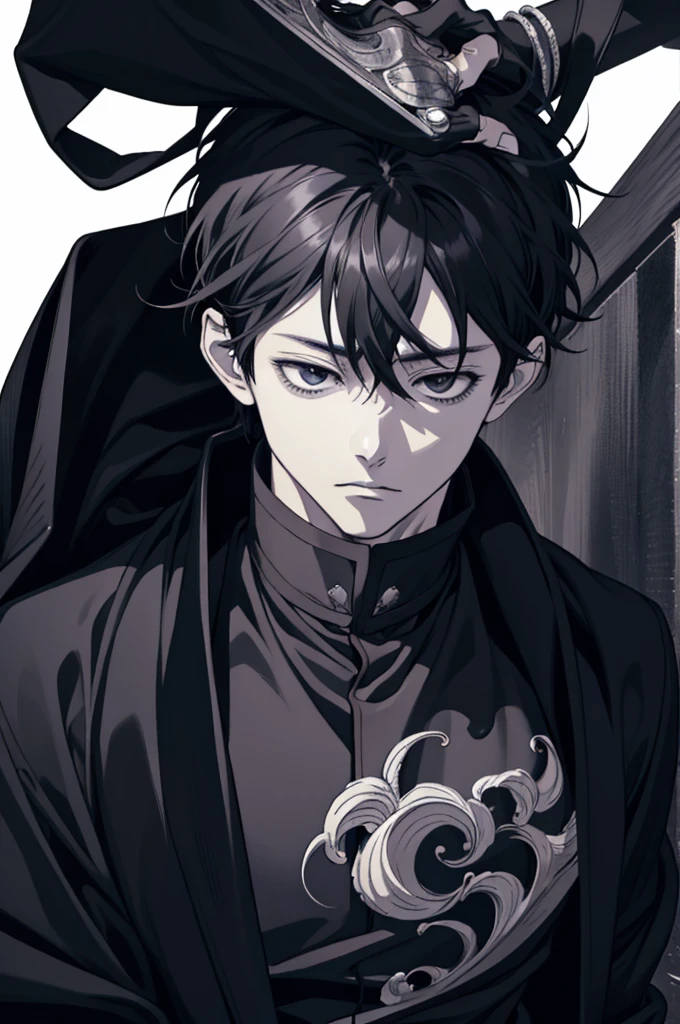 Close-up of a person wearing a black jacket and black shirt., Inspired by Okumura Masanobu, Kentaro Miura manga art style, Detailed anime character art, Realistic anime style, Kentaro Miura's manga style, Handsome boy anime, Anime image of a handsome man, Realistic anime style, anime style men, kentaro miura art , blue eyes , 30 year old man