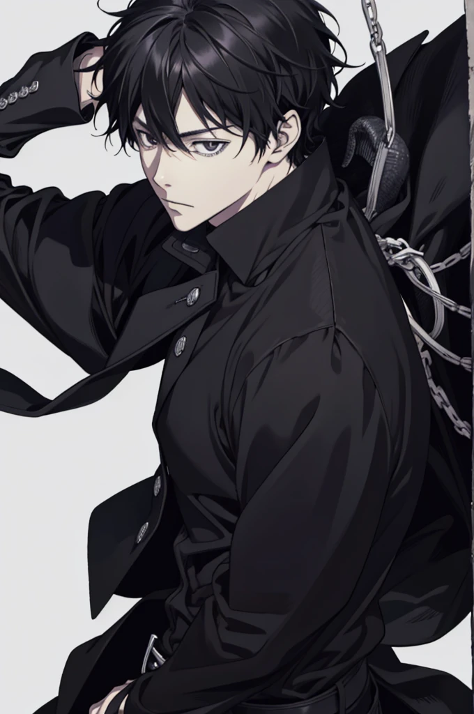 Close-up of a person wearing a black jacket and black shirt., Inspired by Okumura Masanobu, Kentaro Miura manga art style, Detailed anime character art, Realistic anime style, Kentaro Miura&#39;s manga style, Handsome boy anime, Anime image of a handsome man, Realistic anime style, anime style men, kentaro miura art , blue eyes , 30 year old man