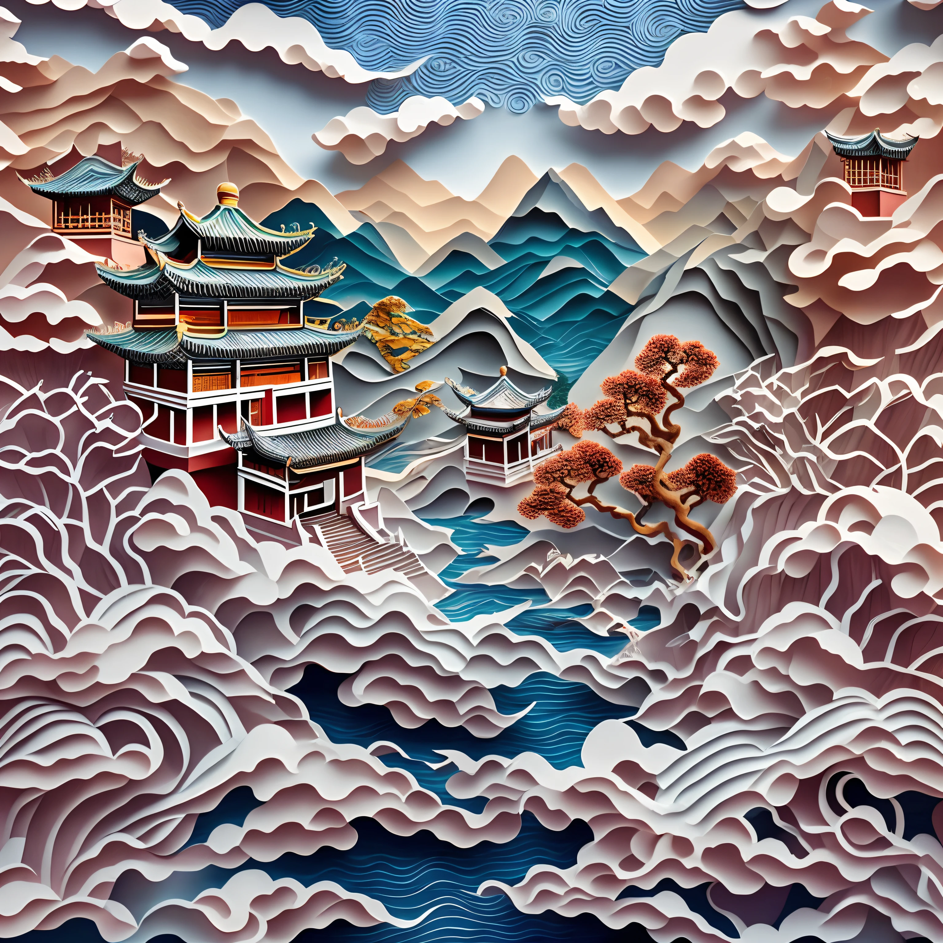 Paper Cutting，Chinese garden，landscape，Sea of Clouds，16K, best quality, masterpiece, Ultra HD resolution, Reasonable composition