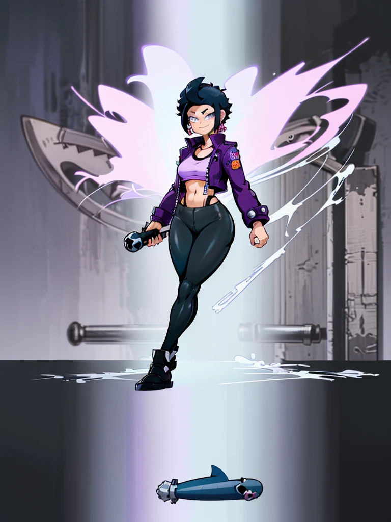 (((My Hero Academia Style))), (((Bibi))), (((Brawl Stars))), (((1girl))), (((female))), (((punk Girl))), (((punk))), (((Wide hips))), (((wide thighs))), (((medium breasts))), (((blue spiked leather jacket))), (((blue leather jacket))), (( (leather jacket with spikes))), (((lilac top tank))), (((top tank))), (((Abs))), (((exposed abdomen))), (((marked abdomen))), (((tight leggings black))), (((tight leggings))), (((black leggings))), (((baseball bat))), (((Holding a baseball bat))), (((holding a bat))), (((shark smile))), (((lilac eyes))), (((evil smile))), (((traditional black slippers))), (((black slippers))), (((traditional slippers))), (((hair black))), (((pompadour hairstyle))), (((black hair pompadour hairstyle))), (((perfect anatomy))), (((perfect hands))), (((super detailed))), ( ((full body photo:1.5))),