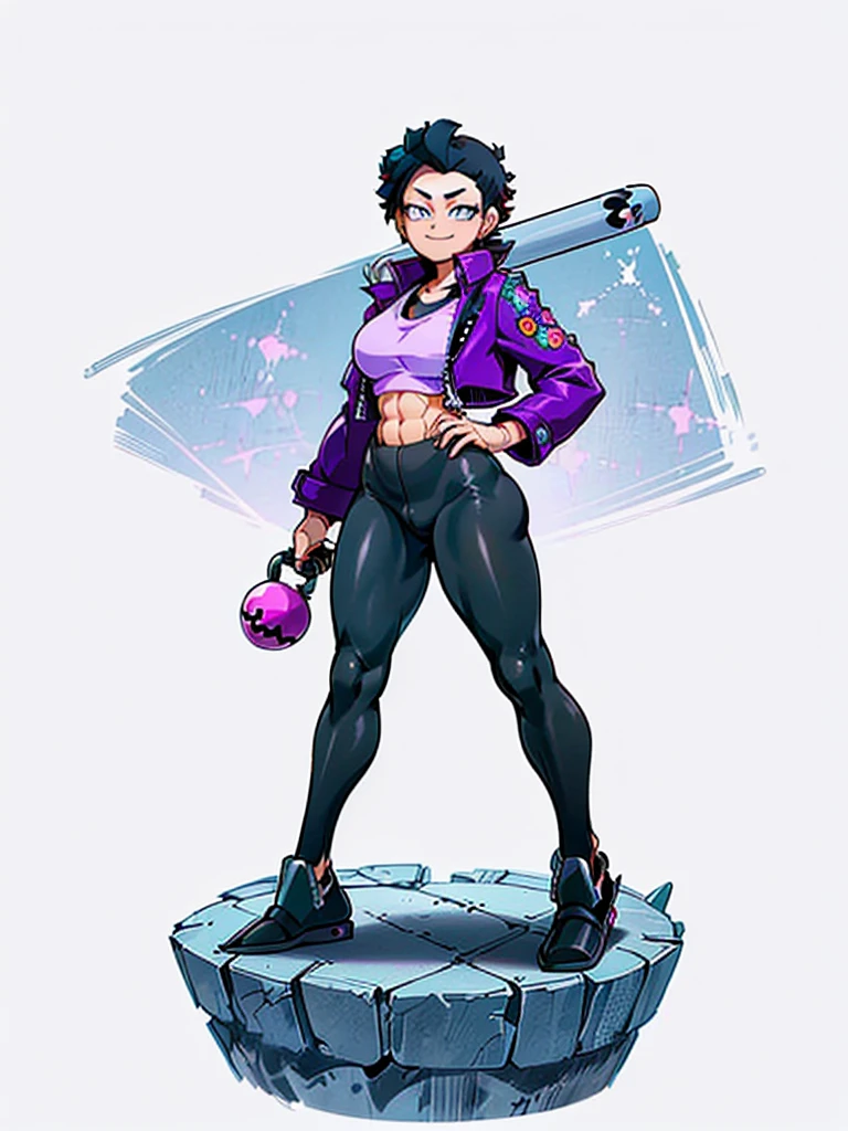 (((My Hero Academia Style))), (((Bibi))), (((Brawl Stars))), (((1girl))), (((female))), (((punk Girl))), (((punk))), (((Wide hips))), (((wide thighs))), (((medium breasts))), (((blue spiked leather jacket))), (((blue leather jacket))), (( (leather jacket with spikes))), (((lilac top tank))), (((top tank))), (((Abs))), (((exposed abdomen))), (((marked abdomen))), (((tight leggings black))), (((tight leggings))), (((black leggings))), (((baseball bat))), (((Holding a baseball bat))), (((holding a bat))), (((shark smile))), (((lilac eyes))), (((evil smile))), (((traditional black slippers))), (((black slippers))), (((traditional slippers))), (((hair black))), (((pompadour hairstyle))), (((black hair pompadour hairstyle))), (((perfect anatomy))), (((perfect hands))), (((super detailed))), ( ((full body photo:1.5))),