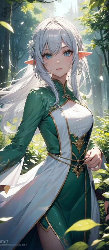 Elf Very beautiful dress Light Silver Hair Girl high and cold expression Green Forest magic masterpiece超高清牛仔镜头 明亮的画面,HolyElf,Around 20 years old,Floating in the air,Top quality,Top image quality,masterpiece,Exquisite facial details,Holy,