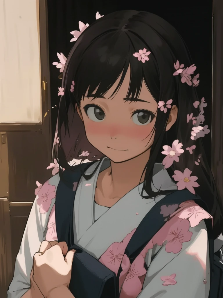 Character Features - Hairstyle：Straight Black Hair - Sex：High school girl - Bangs：Center Part - Accessories：リボンのヘアピン

衣装
- セーラー服

視点・アングル
- フルボディショット
- 正面からのアングル

背景
- 桜の木が咲く学校の校庭
- 桜の花びらが舞う

季節・雰囲気
- springの新学期
- スプリング（spring）

Light and shadow - Other elements with soft sunlight - School bag - Japan - Viewers watch as she begins the new semester