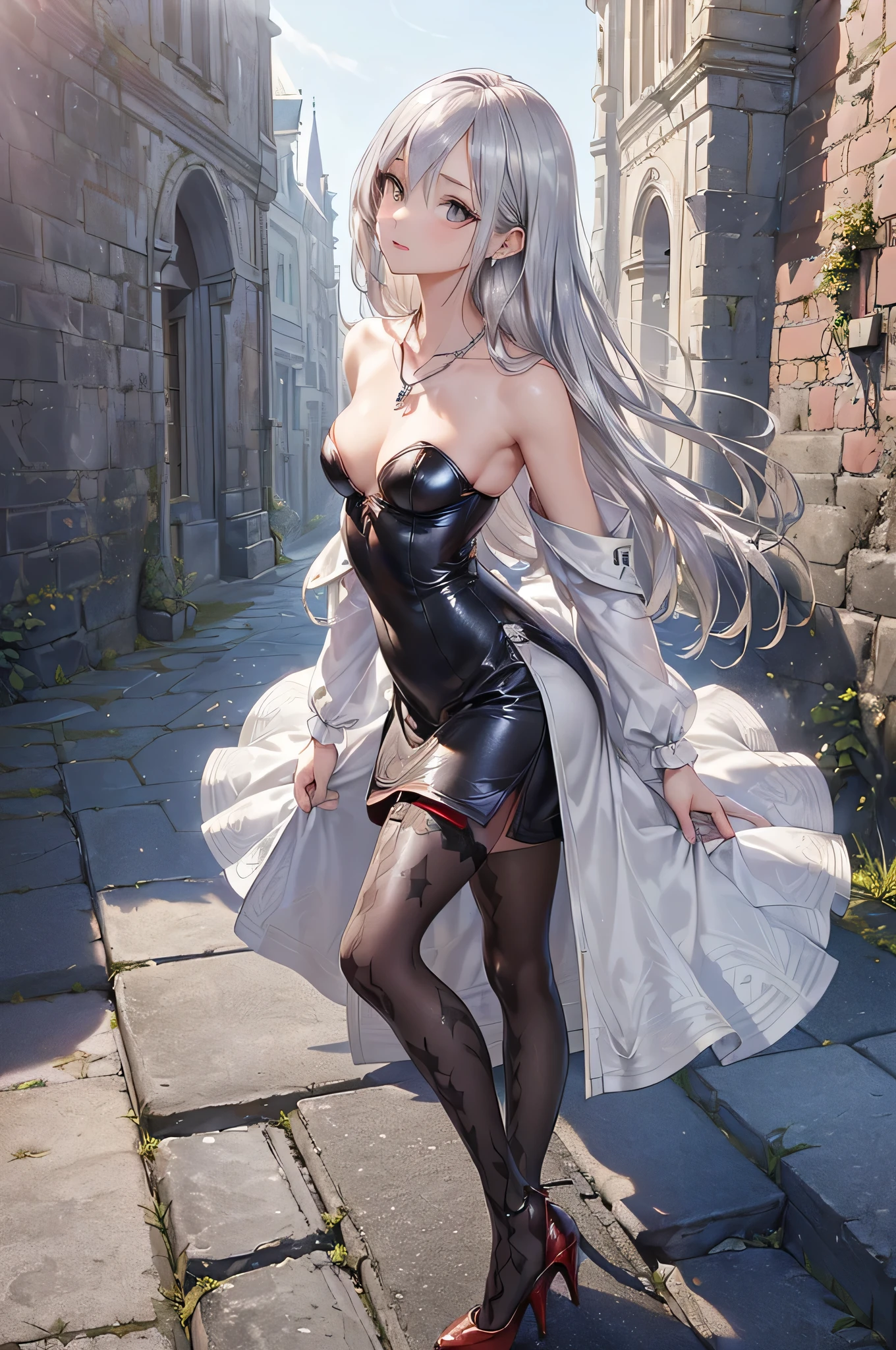 ((Biologically correct limb count))、(( From head to toe、Full-body photo including face))、4K、((Standing position))、masterpiece、((Focus on the face))、((Symmetrical facial features))、Eyes with detailed description、Beautiful woman、Great style、Beautiful arms、Beautiful legs、Beautiful Hands、(Small Ass、Thin thighs)、Facial detailing、Small earrings、necklace、(Red and black leather A-line dress、((High heels、Patterned stockings)))、((Standing in front of an old castle in the daytime sun, looking up))、Silk gloves、(((Silver Hair)))、(Thick fog)、Realistic photo
