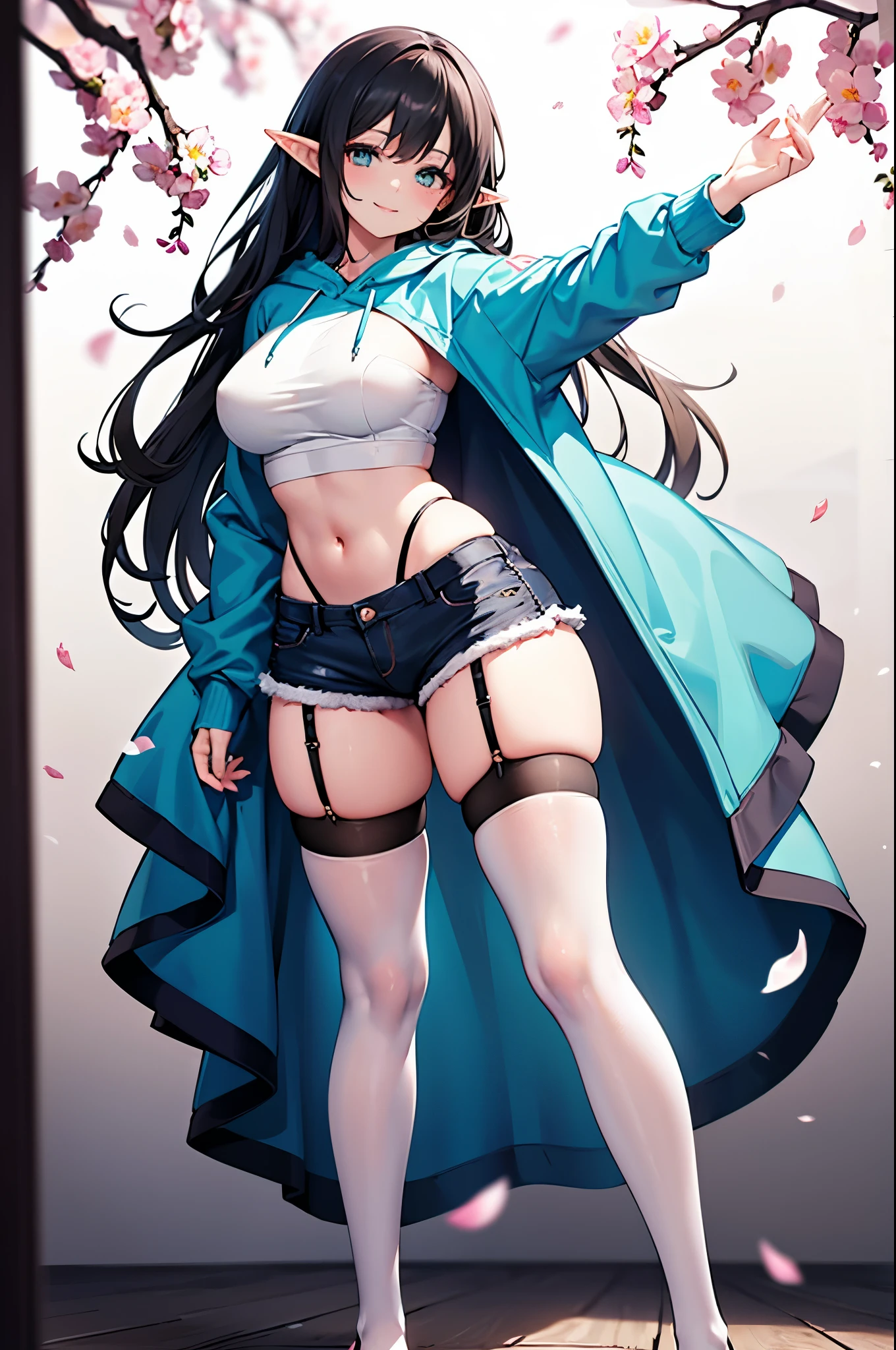 realistic image, detailed image, coherent image, 1 elf, has very long hair, black hair, turquoise eyes, smiling, showing her legs, She has a curvy body, medium breasts and thick thighs, she is wearing a hoodie, mini denim shorts, mid-thigh stockings, garter belts, She is posing sensually, arching her back, sprouting buttocks, full body view, falling flower petals, background surrounded by flowers, soft focus, dramatic shadows, lighting volumetric, natural lighting, artificial lighting, white background