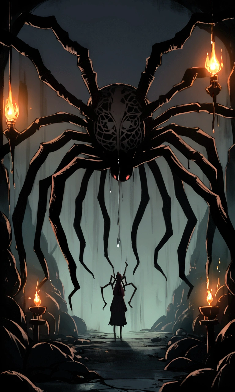 Tsuchigumo, monstrous spider-like creature, lurking in the shadows of a dark cave shrine, terrifying and menacing, high resolution, ancient stone carvings, dimly lit by torches, webs dripping with dew