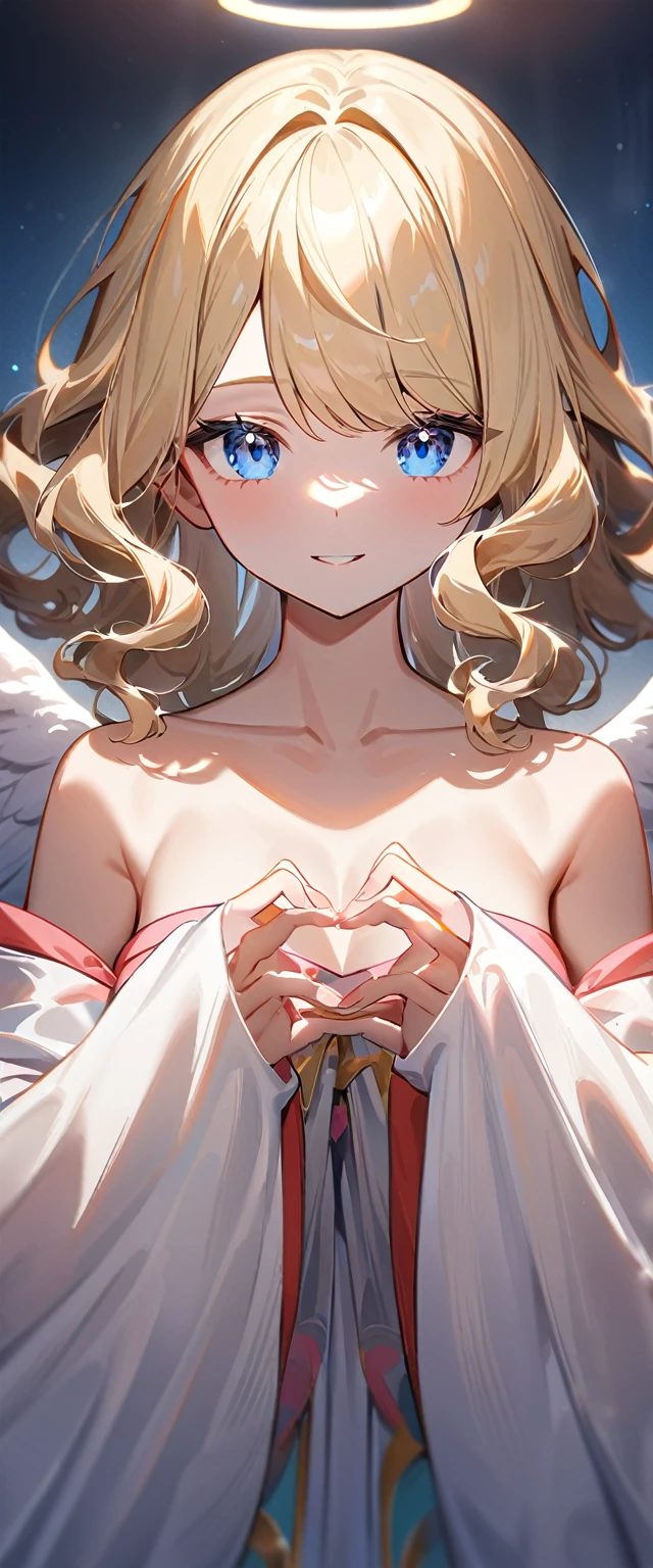 (((One girl))), All wings are visible, flying in the sky, upper body, ((Angel, big big white wings:1.2, Halation:1.3)), Uriel, ((wavy hair, outward curled hair)), evening, Sunset, sea, beach, ((blond hair, bob cut:1.3)), big breasts, teenager, (looking at viewer), oversized clothes, puffy long sleeves, collarbone, ((off-shoulder sweater dress:1.3, Quite thick shoulder straps)), (((sleeves past wrists:1.3))), ((white sweater)), collarbone, head tilt:1.3, (((blue eye))), ((happy smile)), (((anime style))), (best quality, 4K, 8K, highres, masterpiece:1.2, ultra-detailed, ultra-detailed eyes, HDR, uhd, studio lighting, ultra-fine painting, sharp focus, physically-based rendering, extreme detail description, professional, vivid colors, bokeh), ((Highest quality, Best image quality, Ultra-high resolution, Ultra-high resolution, 独奏, Strong eye highlights)), Depth of written boundary, Natural soft light, attractive, Beautiful Face, Cleanliness, Pure Face, medium chest, Beautiful Face, Perfect Fingers, Perfect hands, Perfect body, Perfect Face, Shine a light into your eyes, Perfect Anatomy