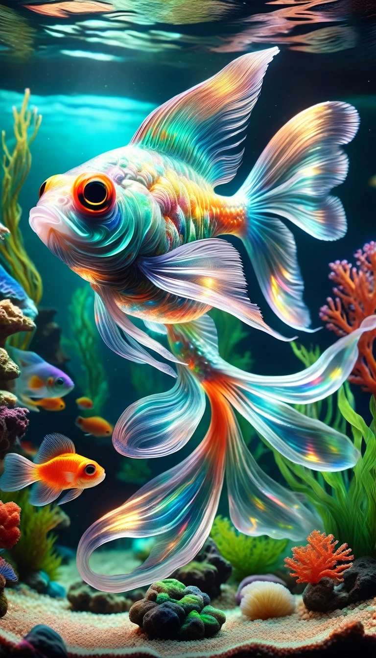 4K, 8K, hyper detailed, masterpiece, dynamic, aquarium, ornamental fish, aquatic plants, coral, small fishes, shellfish, big eyes, gravel, stunning colors, transparent body, long tail fin, DonMSp3ctr4lXL, AuroraStyle,