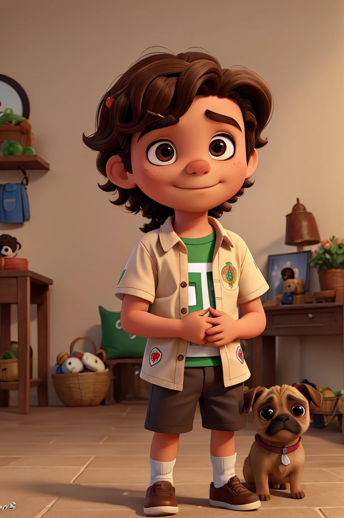 Boy with wavy hair, with shirt from the Mexican national team, Brown eyes, Brown hair, hug your pug pug puppy,