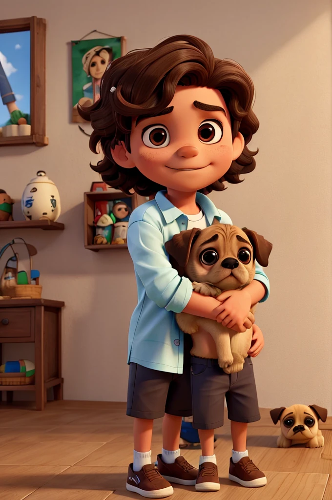 Boy with wavy hair, with shirt from the Mexican national team, Brown eyes, Brown hair, hug your pug pug puppy,