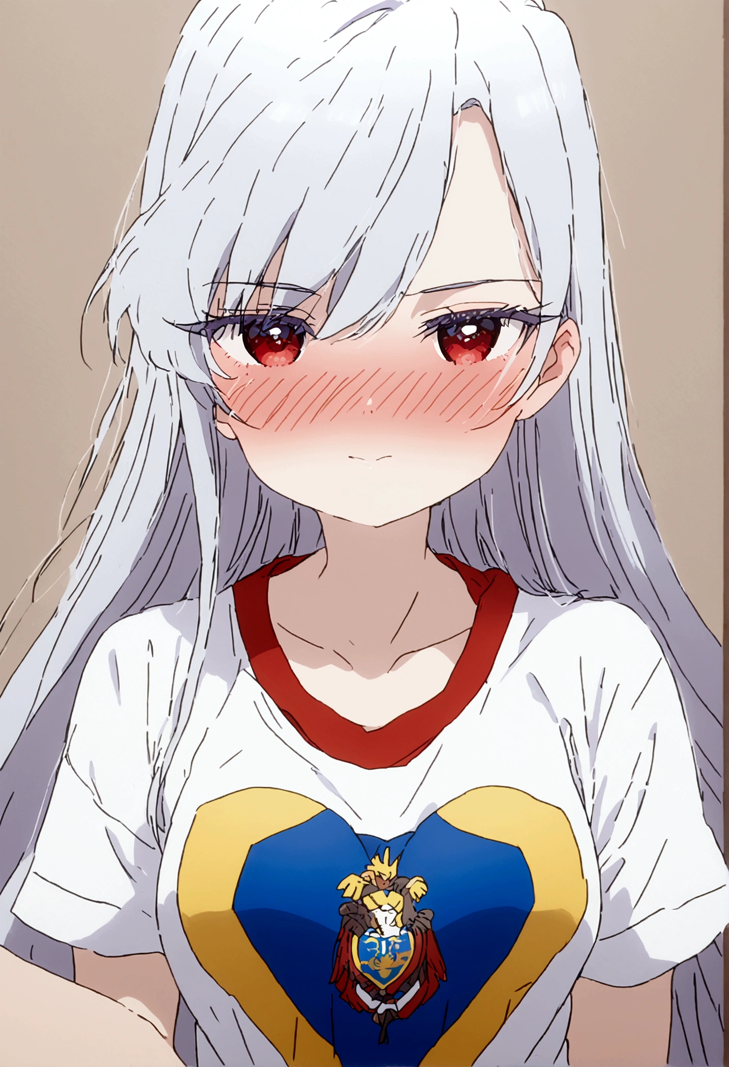 white hair girl (nano) wearing a t-shirt with the colors yellow blue and red with the shield of Ecuador in the center she is blushing and happy wearing the t-shirt