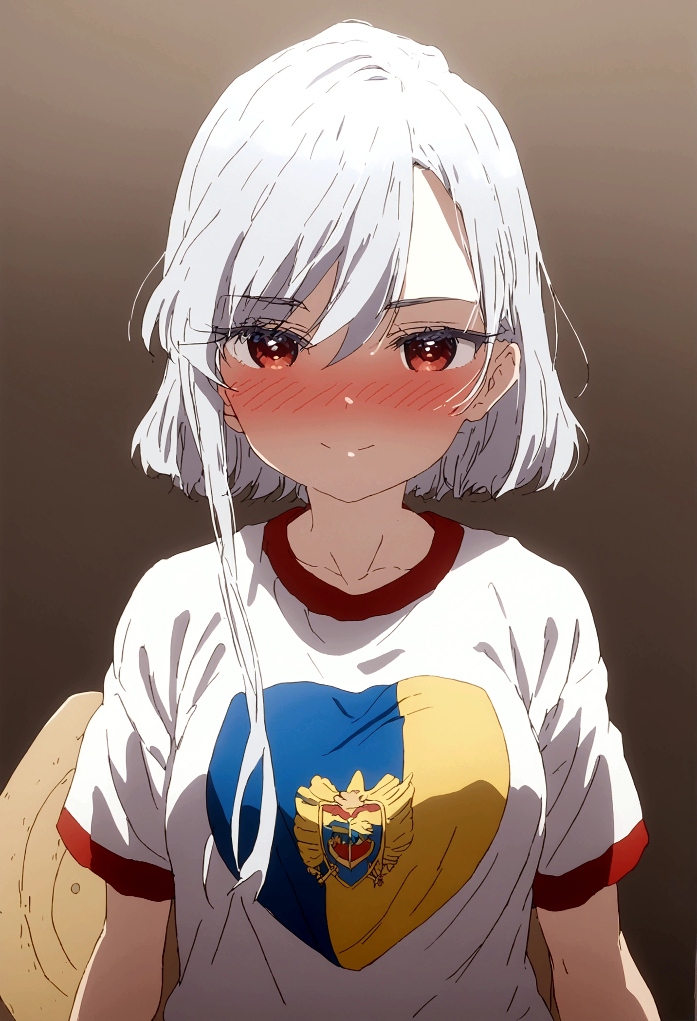 white hair girl (nano) wearing a t-shirt with the colors yellow blue and red with the shield of Ecuador in the center she is blushing and happy wearing the t-shirt