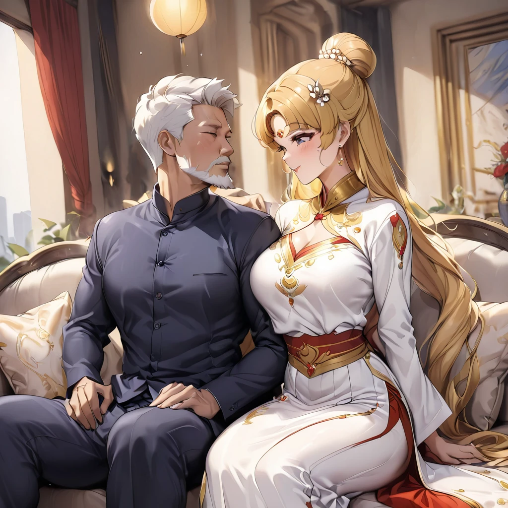 ((Highest quality)), ((masterpiece)), (detailed), (Perfect Face)、The woman is a Vietnamese woman named Tsukino Usagi, wearing a gorgeous and glittering ao dai, a traditional Vietnamese dress with gold embroidery, a gorgeous hair ornament, gorgeous jeweled accessories and an engagement ring. The man and woman are sitting on a gorgeous, large sofa in a luxurious room, and the woman is passionately embracing and passionately kissing the dignified and bearded middle-aged Vietnamese man wearing a Vietnamese national dress, making passionate love as a married couple.、The woman is the elegant Tsukino Usagi, a Vietnamese girl with long blonde hair in a chignon twin tail and wearing an ao dai.、The man is a dignified, muscular, bearded, middle-aged Vietnamese man wearing Vietnamese national dress.