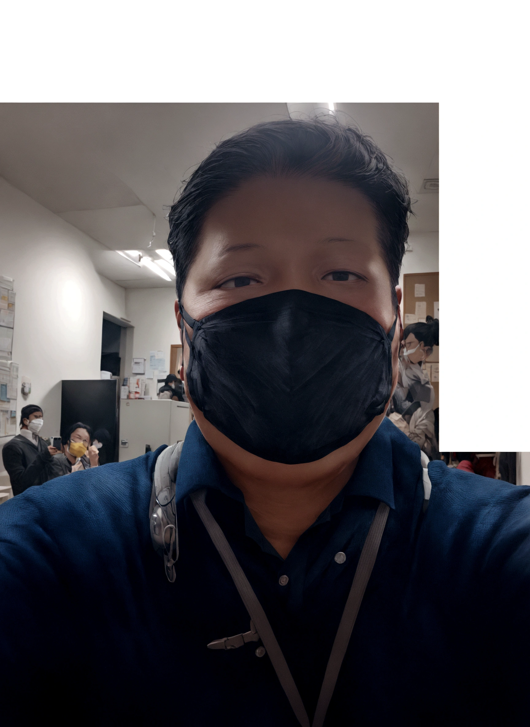 arafed man wearing a black mask in an office, wearing all black mempo mask, wearing facemask, wearing mask, wearing a mask, 8k selfie photograph, some of them use gask mask, tech face, (sfw) safe for work, surgical mask covering mouth, wearing facemask and sunglasses, no face mask, wearing bandit mask, one single mask