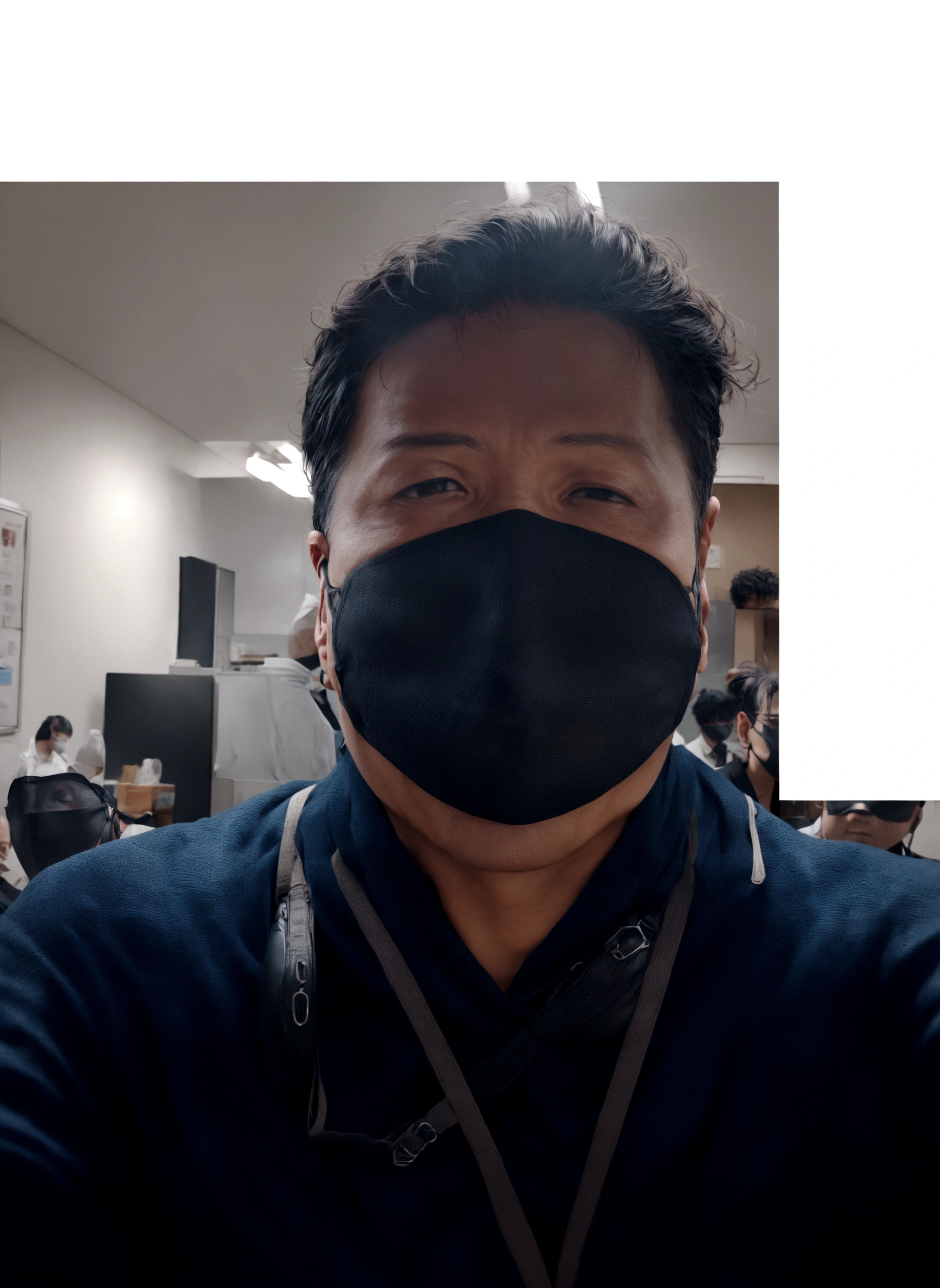 arafed man wearing a black mask in an office, wearing all black mempo mask, wearing facemask, wearing mask, wearing a mask, 8k selfie photograph, some of them use gask mask, tech face, (sfw) safe for work, surgical mask covering mouth, wearing facemask and sunglasses, no face mask, wearing bandit mask, one single mask