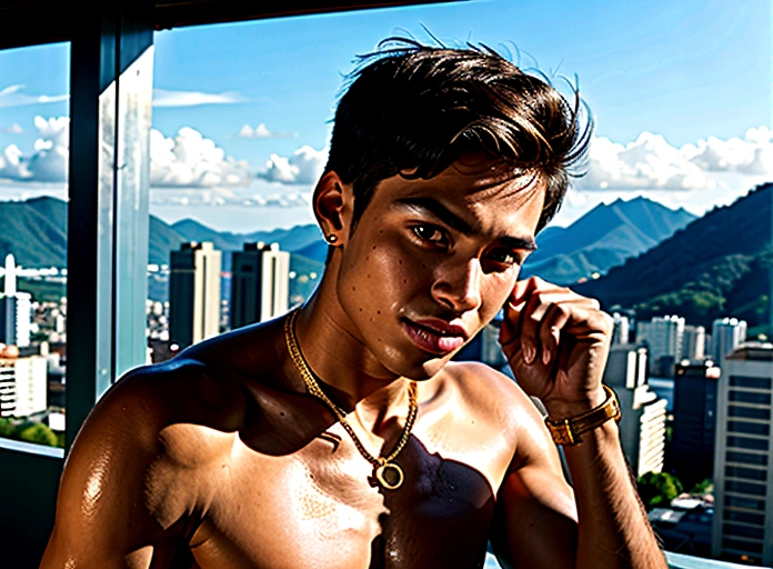 20 year old boy in São Paulo style with gold chain around his neck, favela landscape