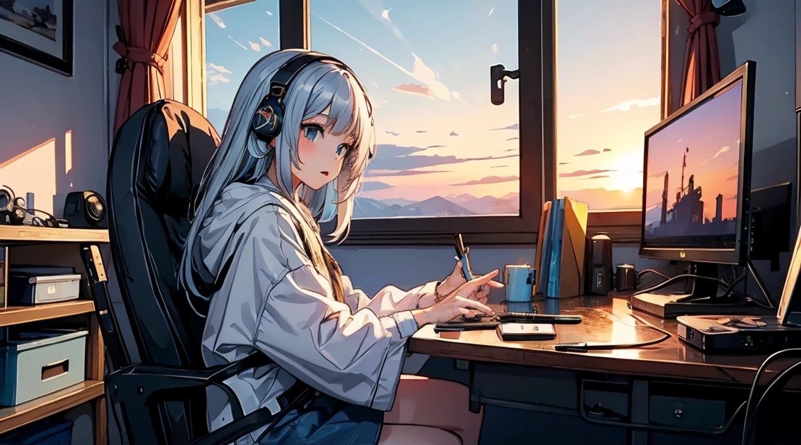 high resolution,High definition,high quality,Girl playing games,gaming computer,Erogeo Art Style, Arte Roffie, zero vibrations, Hip Hop Lofi,aesthetic, Lo-fi art, Lo-fi illustration style, zero, Portrait of Roffey, vibe zero, zero, Chill Hop, Anime Aesthetics,japanese style,large window,girl wearing headphones,sunset,painted with a rough hand-drawn aesthetic,