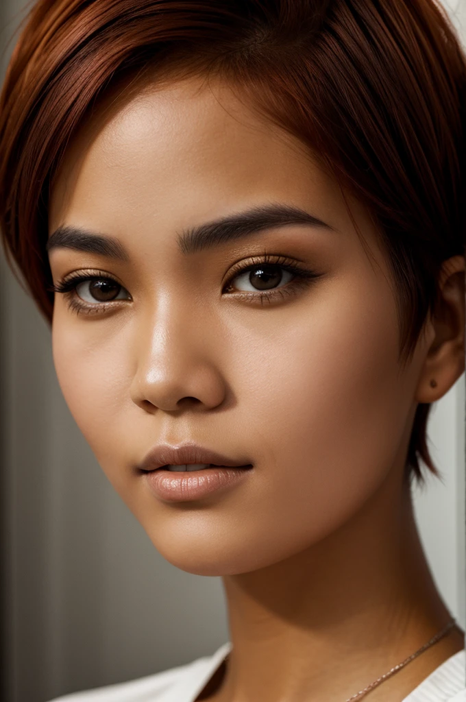 Woman with short copper hair,with black eyes and Asian features