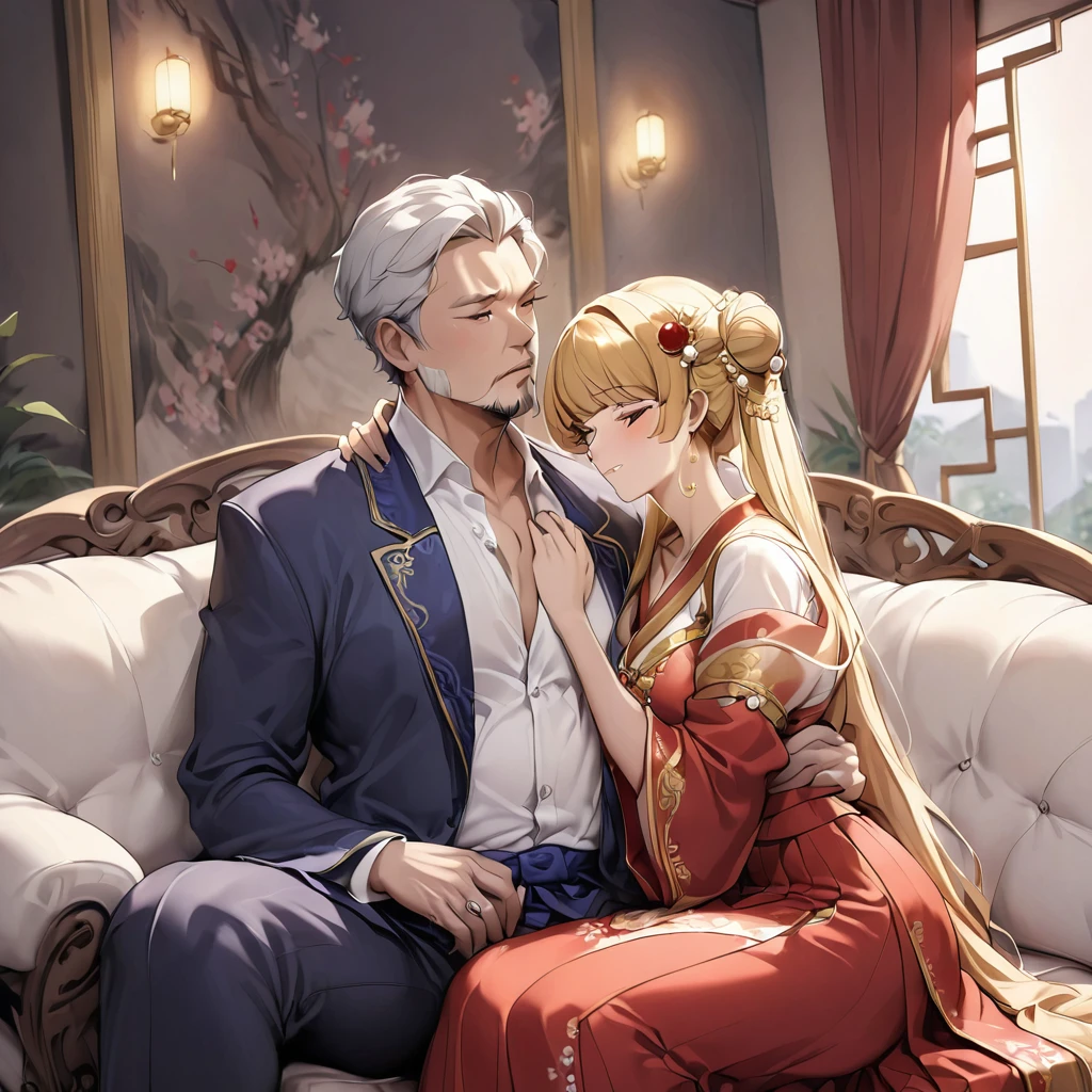 ((Highest quality)), ((masterpiece)), (detailed), （Perfect Face）、The woman is a Chinese woman named Tsukino Usagi, wearing a gorgeous, glittering red Hanfu with lots of gold embroidery, a gorgeous hair ornament, gorgeous jeweled accessories and an engagement ring. The woman and the man are sitting on a gorgeous, large sofa in a gorgeous room, and the woman is passionately embracing and passionately deep kissing the middle-aged Chinese man wearing a dignified and sturdy Hanfu, making passionate love as husband and wife.、The woman is the elegant Tsukino Usagi, a Chinese woman with long blonde hair in a chignon twin tail and wearing a red Hanfu with gorgeous gold embroidery all over it.、The man is a dignified, muscular, bearded, middle-aged Chinese man wearing the traditional Chinese dress, Hanfu.