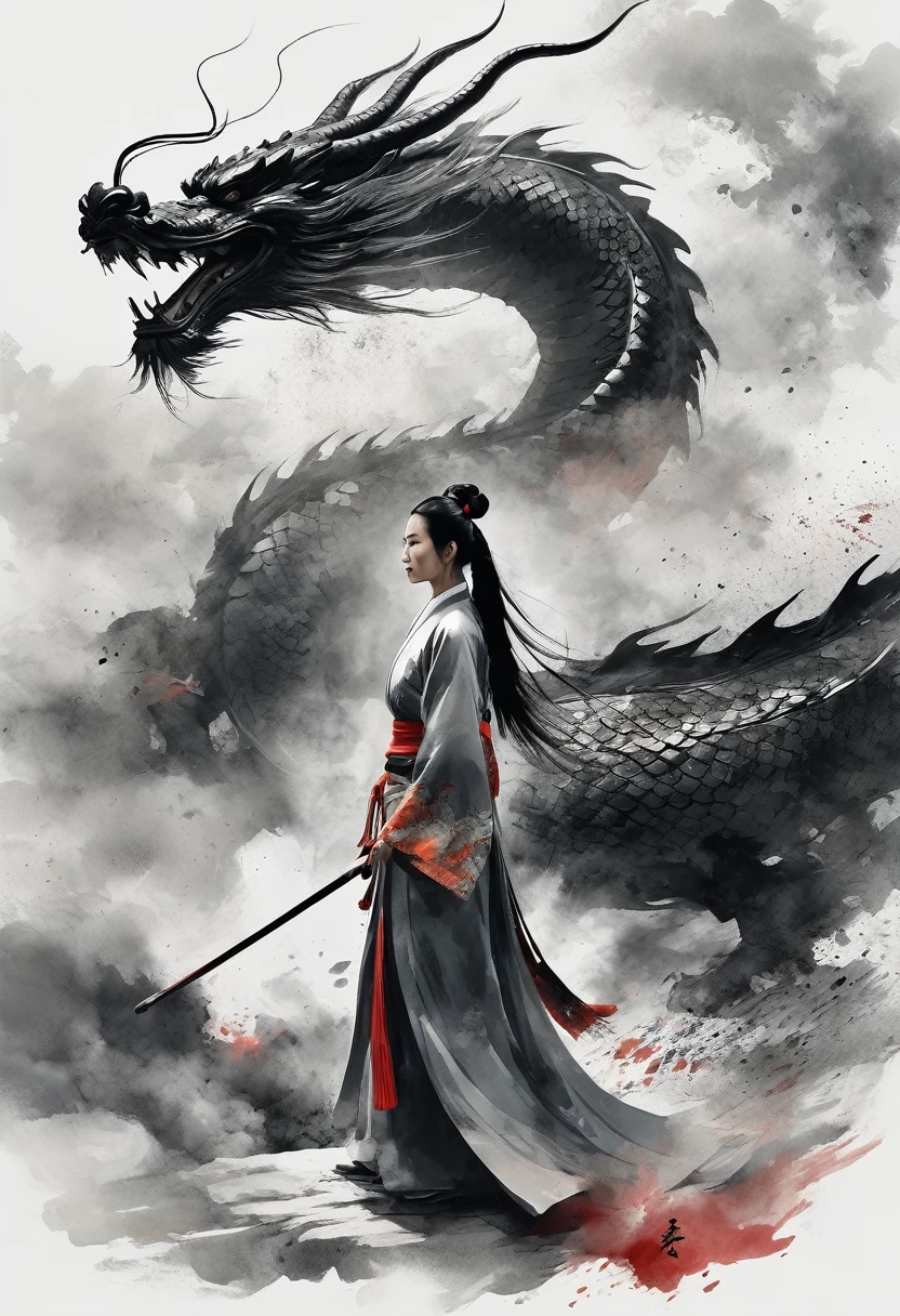Epic ink shots，Chinese female warrior wearing Hanfu fights dragon，Viewing angle，First Person，Huge Chinese dragon，Tradition Chinese Ink Painting style，夸张的Viewing angle，thrilling moment，8K，Simple style，Style Wu Guanzhong