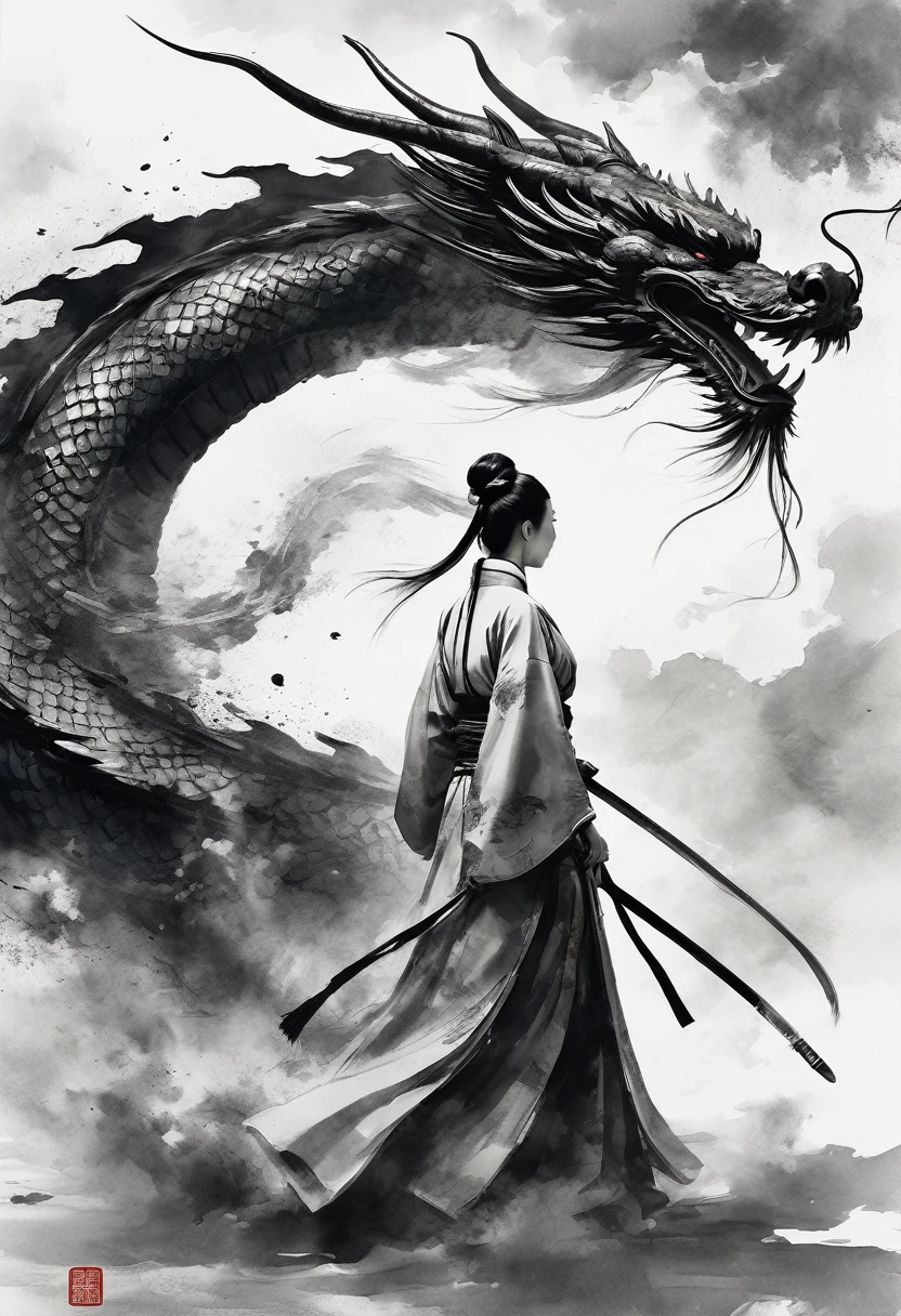 Epic ink shots，Chinese female warrior wearing Hanfu fights dragon，Viewing angle，First Person，Huge Chinese dragon，Tradition Chinese Ink Painting style，夸张的Viewing angle，thrilling moment，8K，Simple style，Style Wu Guanzhong