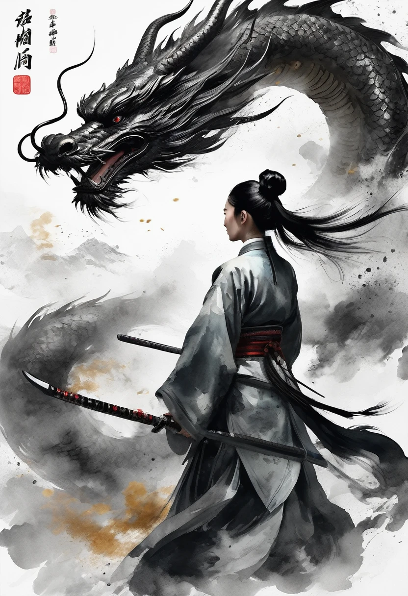 Epic ink shots，Chinese female warrior wearing Hanfu fights dragon，Viewing angle，First Person，Huge Chinese dragon，Tradition Chinese Ink Painting style，夸张的Viewing angle，thrilling moment，8K，Simple style，Style Wu Guanzhong