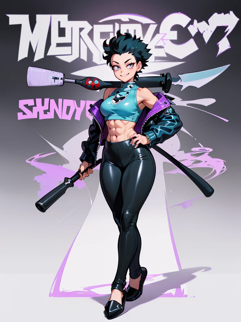 (((My Hero Academia Style))), (((Bibi))), (((Brawl Stars))), (((1girl))), (((female))), (((punk Girl))), (((punk))), (((Wide hips))), (((wide thighs))), (((medium breasts))), (((blue spiked leather jacket))), (((blue leather jacket))), (( (leather jacket with spikes))), (((lilac top tank))), (((top tank))), (((Abs))), (((exposed abdomen))), (((marked abdomen))), (((tight leggings black))), (((tight leggings))), (((black leggings))), (((baseball bat))), (((Holding a baseball bat))), (((holding a bat))), (((shark smile))), (((lilac eyes))), (((evil smile))), (((traditional black slippers))), (((black slippers))), (((traditional slippers))), (((hair black))), (((pompadour hairstyle))), (((black hair pompadour hairstyle))), (((perfect anatomy))), (((perfect hands))), (((super detailed))), ( ((full body photo:1.5))), (((cowboy shot:1.5))),