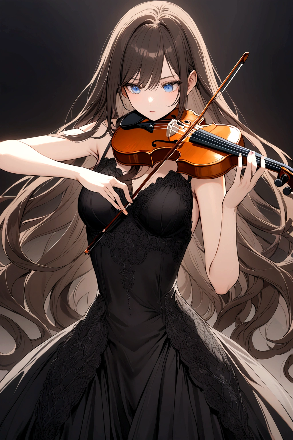 Dark brown hair girl with long silky hair, wearing black dress, blue eyes, playing the violin