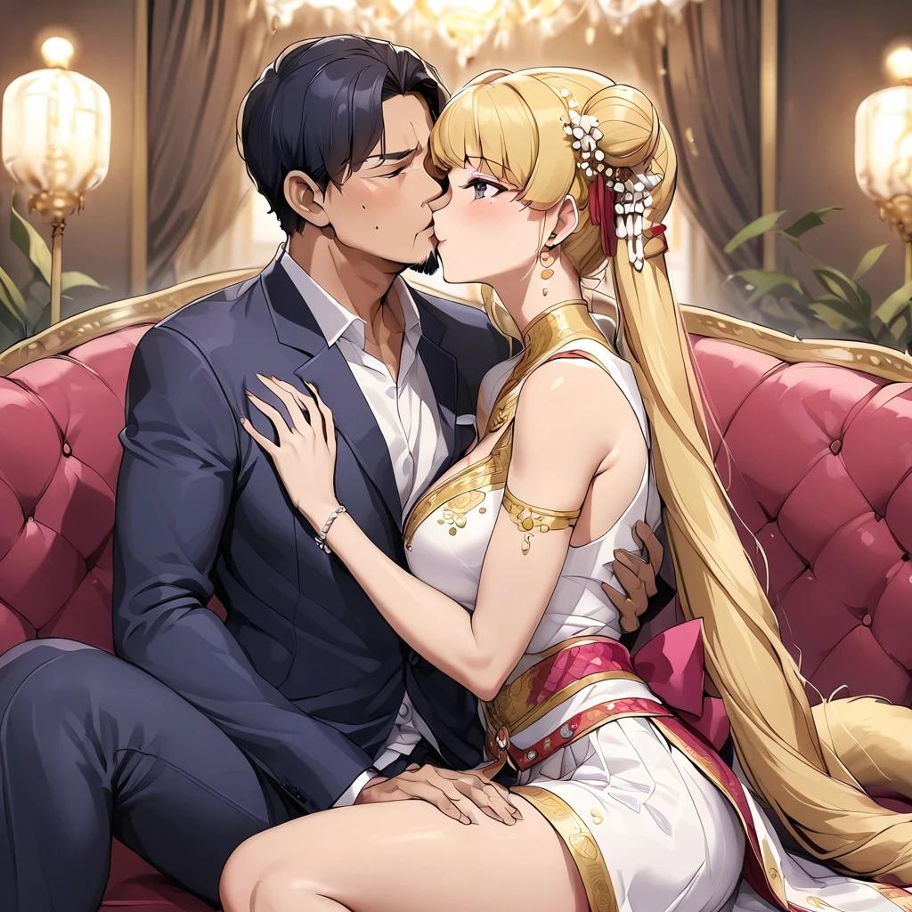 ((Highest quality)), ((masterpiece)), (detailed), (Perfect Face)、The woman is a Thai woman named Tsukino Usagi, and is in a luxurious Thai mansion wearing a gorgeous, glittering siwalai with gold embroidery, gorgeous jeweled accessories, and an engagement ring. The woman and the man are sitting on a luxurious, large sofa in the luxurious room, and the woman is passionately embracing and passionately deep kissing the middle-aged Thai man wearing a dignified and sturdy Thai national costume, making passionate love as a married couple.、The woman is the elegant Tsukino Usagi, a Thai girl with long blonde hair in a chignon twin tail, wearing a luxurious siwa-rai.、The man is a dignified, muscular, bearded, middle-aged Thai man wearing a Sua Praratchathan.