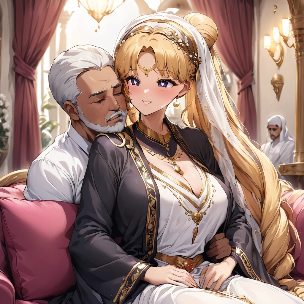 ((Highest quality)), ((masterpiece)), (detailed), (Perfect Face)、The woman is Tsukino Usagi, an Arab Muslim with vivid brown skin, and is wearing a gorgeous, glittering abaya with gold embroidery, a gorgeous hijab, a gorgeous hair ornament, gorgeous jeweled accessories, and an engagement ring in a luxurious Islamic mansion. The woman and the man are sitting on a luxurious, large sofa in the luxurious room, and the woman is passionately embracing and passionately deep kissing the dignified, bearded, middle-aged Arab Muslim man wearing Arab national dress, making passionate love as a married couple.、The woman is the elegant Tsukino Usagi, with long blonde hair in a chignon twin tail, wearing an abaya and a gorgeous hijab, and a bright brown-skinned Muslim Arab.、(The woman is a dark-skinned Arab Muslim named Tsukino Usagi)、The man is a Muslim, dignified, strong-looking, bearded, middle-aged Arab man wearing traditional Arab clothing.