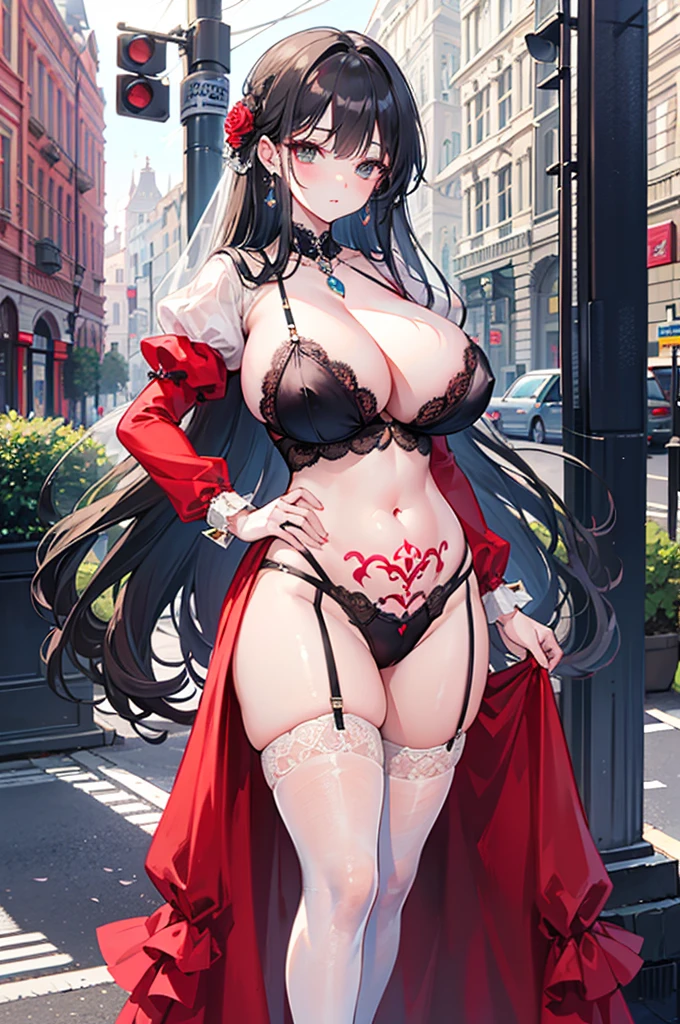 masterpiece,8K,A woman with big tits,Gorgeous woman,wedding,bride,Black long hair,big hair,Gorgeous jewelry,Crystal Hair Accessories,Cleavage,Photoshoot on the streets of London、Brighter light,(Elegant gloss),((Puffy sleeves))、Long cuffs,Show your belly button,Hip tattoo,Lace erotic lingerie,Clear stockings,red cheeks,