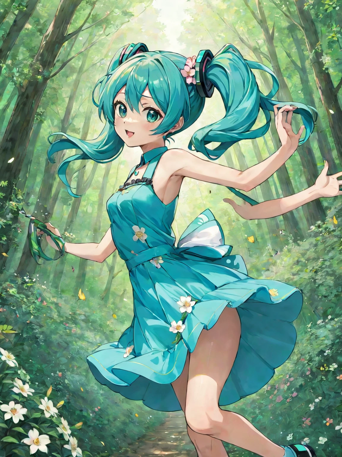 Anime girl in a blue dress running through a flowered forest, Official Anime Artwork, Official Artwork, HD artwork, high detailed Official Artwork, portrait of hatsune Miku, Detailed Key Anime Art, hatsune Miku, Anime Rush John 8k Woods,  In a dress, hatsune Miku portrait, Miku, Anime Art Wallpapers 8K, Mikudayo, Official Art