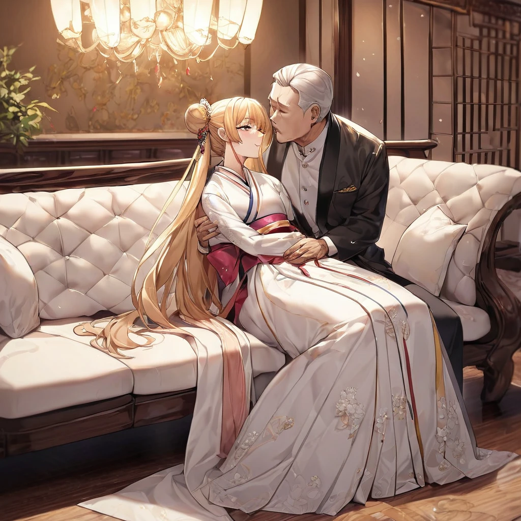 ((Highest quality)), ((masterpiece)), (detailed), (Perfect Face)、The woman is Korean Tsukino Usagi, and in a luxurious Korean mansion, she is wearing a gorgeous and dazzling traditional Korean dress called a hanbok, a gorgeous hair ornament, gorgeous jeweled accessories, and an engagement ring. The woman and the man are sitting on a gorgeous, large sofa in the luxurious room, and the woman is passionately embracing and passionately kissing the middle-aged Korean man wearing a dignified and sturdy hanbok, making passionate love as husband and wife.、The woman is the elegant Tsukino Usagi, a Korean woman with long blonde hair in a chignon twin tail, wearing the traditional Korean dress, Chima Chogori.、The man is a dignified, sturdy middle-aged Korean man wearing the traditional Korean dress, Hanbok.