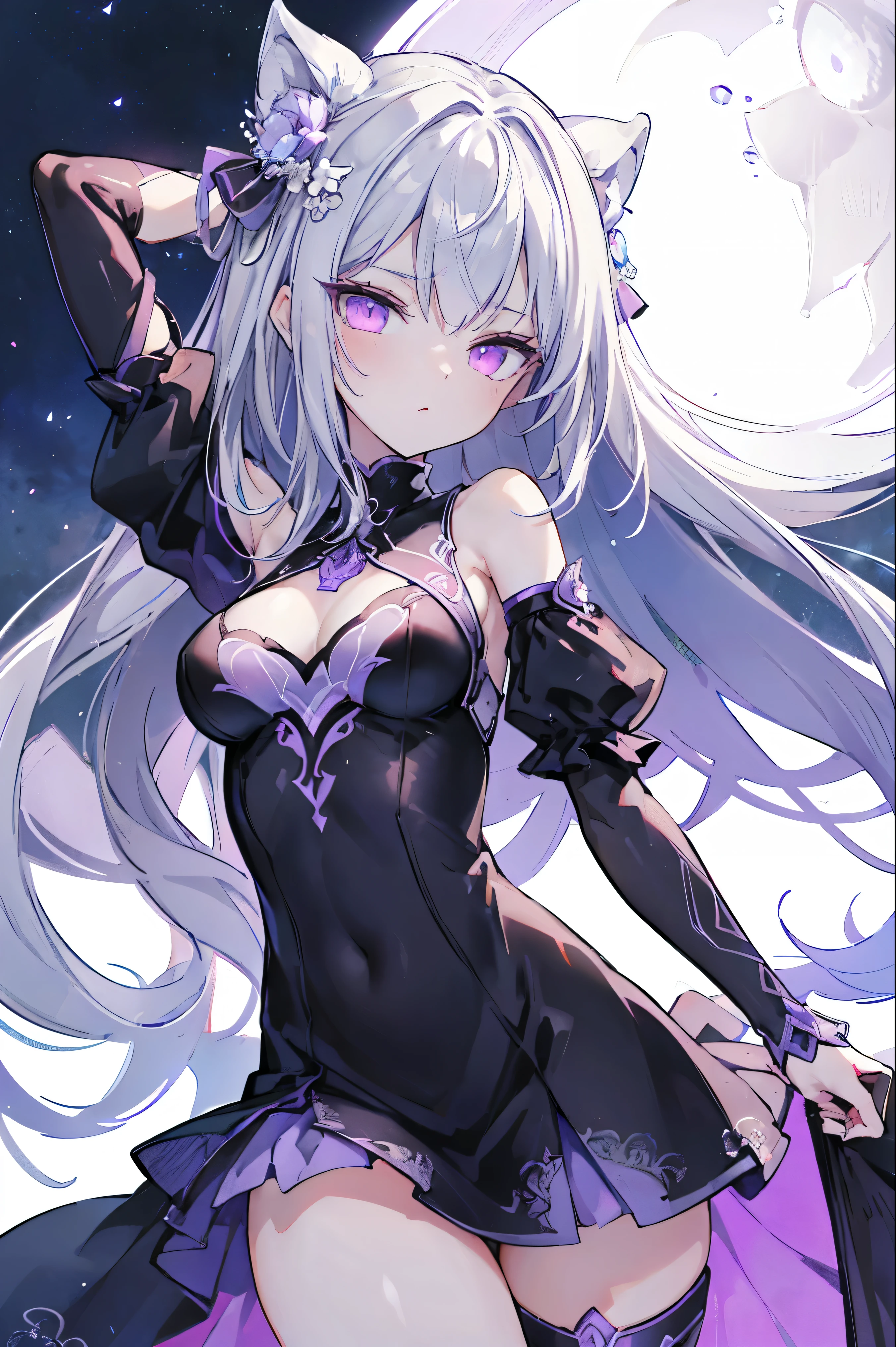 1girl, アニメ, cute girl, blank background, white background, fantasy, detailed fantasy dress with highlights, beautiful face, beautiful eyes, dark colors, black hair with multicolor streaks, red eye with different color pupil in eye, multicolor eye, medium breasts, slight cleavage, beautiful skin, cute, breast curtains, extremely delicate and beautiful, (beautiful detailed face:1.0), (detailed deep eyes), symmetrical breasts, deep eyes, shiny skin, portrait, slender waist, hips wider than shoulders, thighs, expressionless, young girl, luminous eyes, adorable，（Kpop idol）,（aegyo sal：1），（Platinum blonde hair：1），（（puffy eye）），Black panty，sexy posture，Superskirt, Ultra-high resolution，Black collar，slim figure, Abdominal y tattoo, womb tattoo，Tight-fitting leg ring，y tattoo on half-body，Bare skin, Armored hand，Hidden fingertips，Hand covered，Arm covered，Fist covered,{{beautiful detailed fingers}}, tufts of hair, moderate beautiful breast:1.0,(masterpiece:1.2), best quality, high-res, HDR, perfect face, intricate armor, delicate blue filigree, intricate filigree, red metalic parts, detailed part, dynamic pose, dynamic lights, cute face, neutral expression, shuimobysim, lotus, Hanfu, maxi skirt, dress conservatively 1girl, 独奏, long blue hair, standing, One lady,ars,((White hair) ,(Shiny purple bodysuit with microskirt),((Fantasy, Moon Night)), gradient_eyes,