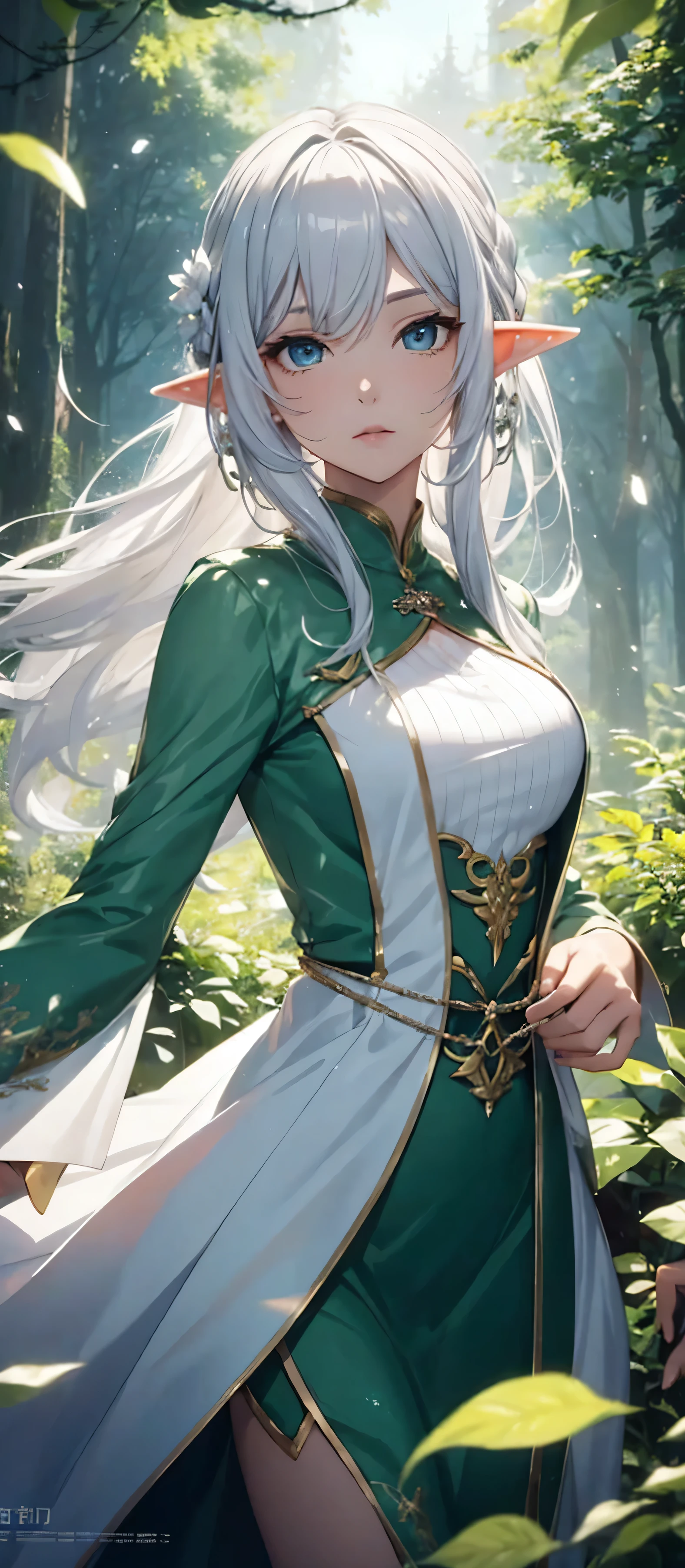 elf Very beautiful dress Light Silver Hair Girl high and cold expression Green Forest magic masterpiece UHD denim lens for bright pictures,Holyelf,Around 20 years old,Floating in the air,Top quality,Top image quality,masterpiece,Exquisite facial details,Holy,