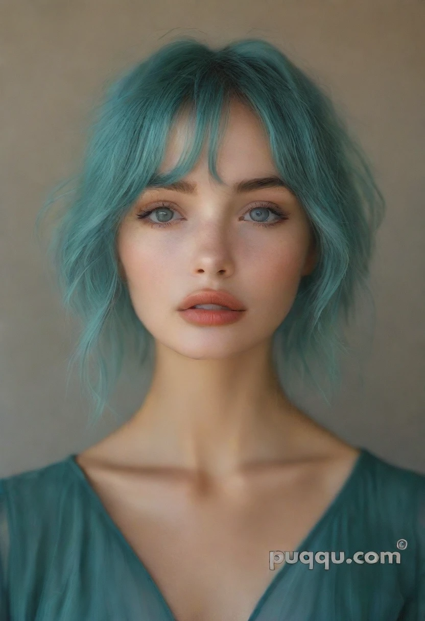 a 20yo american woman with short blue hair,black camisole,black halter top,big breast,realistic color palette,soft-focused realism,blue hair,short hair,blunt bangs,up half of body