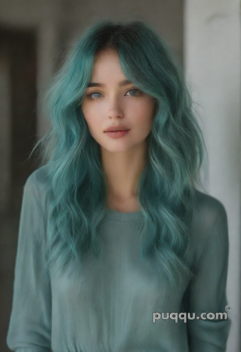 a 20yo american woman with short blue hair,black camisole,black halter top,big breast,realistic color palette,soft-focused realism,blue hair,short hair,blunt bangs,up half of body