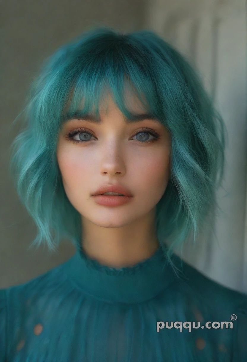 a 20yo american woman with short blue hair,black camisole,black halter top,big breast,realistic color palette,soft-focused realism,blue hair,short hair,blunt bangs,up half of body