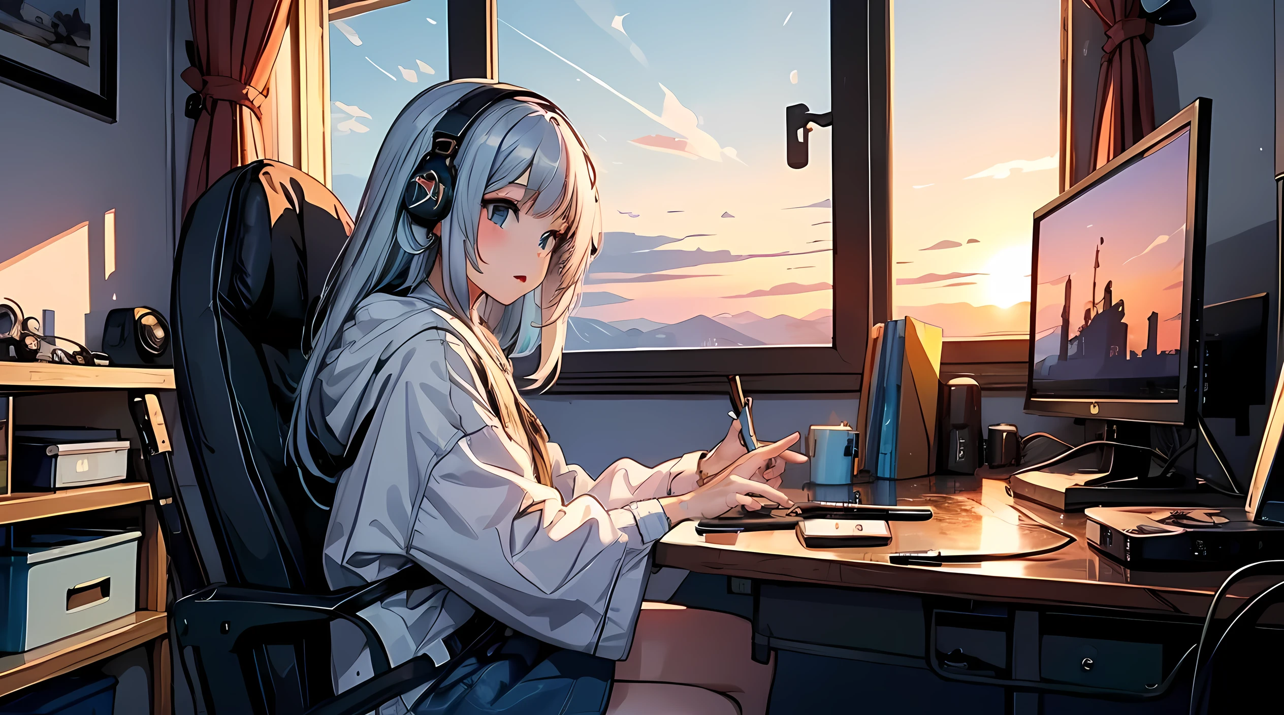 high resolution,High definition,high quality,Girl playing games,gaming computer,Erogeo Art Style, Arte Roffie, zero vibrations, Hip Hop Lofi,aesthetic, Lo-fi art, Lo-fi illustration style, zero, Portrait of Roffey, vibe zero, zero, Chill Hop, Anime Aesthetics,japanese style,large window,girl wearing headphones,sunset,painted with a rough hand-drawn aesthetic,