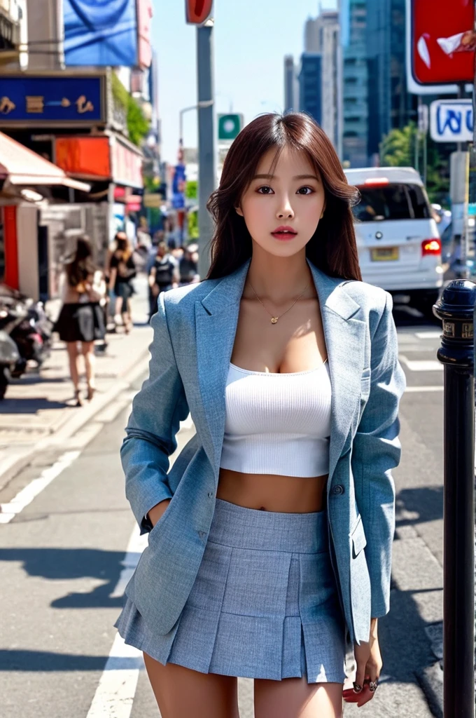 a 17 year old girl, she is the most beautiful actress in the world, the perfect body proportions of this girl, the skin of her upper body is covered 100% by the things she wears, the blazer is formally buttoned up on her waist between the shirt and short skirt, her large breasts are indirectly appealed it's bulge with keeping blazer buttoned up, the panties between her bare legs are hardly covered by short skirt, it's only one description of one body, it's from right above her head to right below her knees are within frame, all her body is looking forward to viewer, she is standing at the city street, nsfw, best quality, highly detailed, masterpiece, ultra high res, photo realistic, 8k, RAW photo