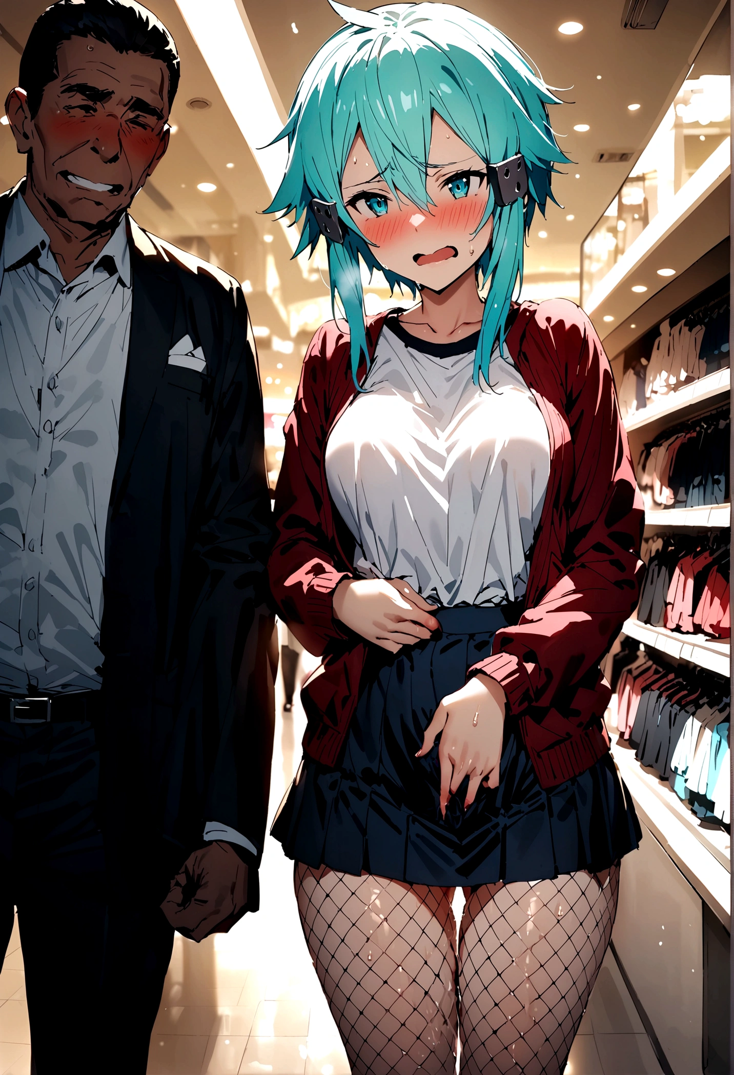 NSFW,masterpiece,Highest quality,High resolution,Super detailed,Sinon\(Sword Art Online\),Jacket,White T-shirt,cropped,mini skirt,Fishnet tights,Embarrassed,expectant face,blush,Shopping mall,Lingerie Shop,Underwear section,Date,(Suspicious Men),(Molester),A man puts his hands on her waist and hugs her,(Fingering),((Ecstasy face)),Wet your crotch,Spread your legs
